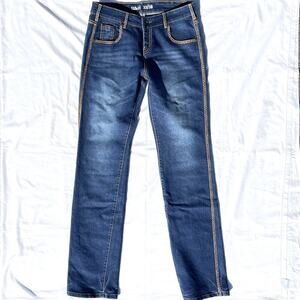 Hitchley & Harrow Western Jeans Womens 33X38 Blue Gold Stitching Straight Leg